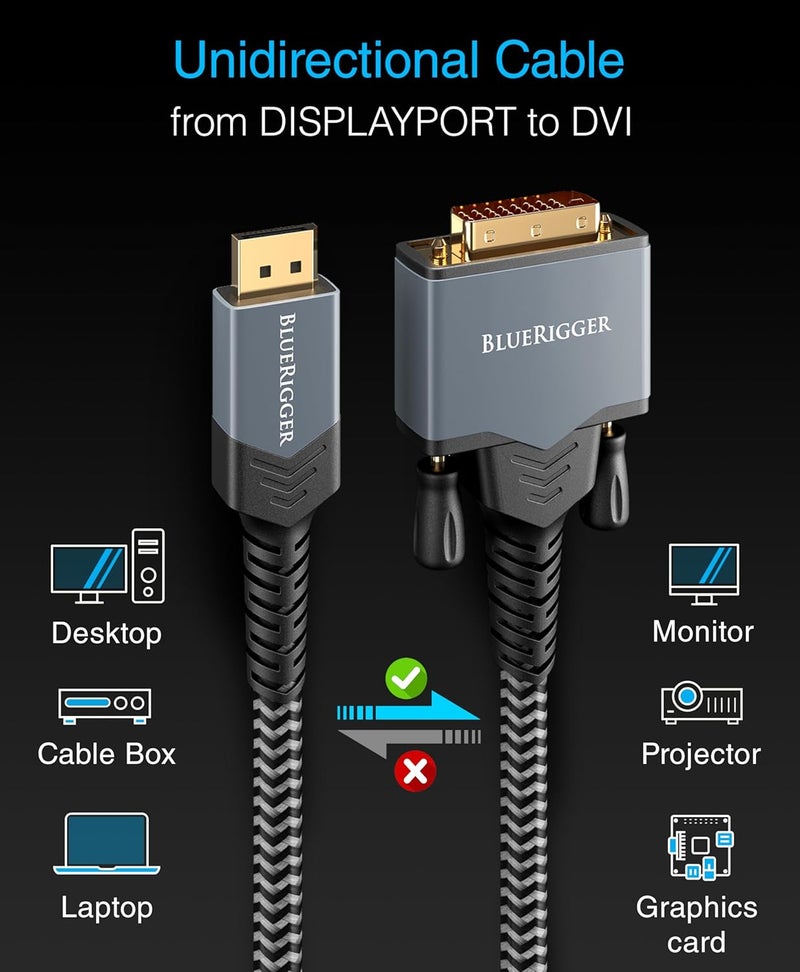 BlueRigger DisplayPort to DVI Cable - (3FT, Uni-Directional, DP to DVI-D Adapter, Male to Male Converter, Monitor Cable) - Compatible with Laptop, Projector, Monitor, HDTV, Desktop, Graphics Card - Image 4